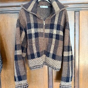 Zara Brown and Black Checkered Knit Jacket